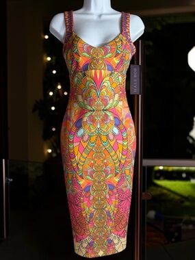 HALE BOB Multicolor Vibrant Midi Boho Mandala Dress Bodycon Flattering Fit
